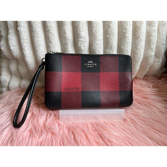 Red & Black Buffalo Plaid Coach Double Zip Wristlet - Picture 1 of 9